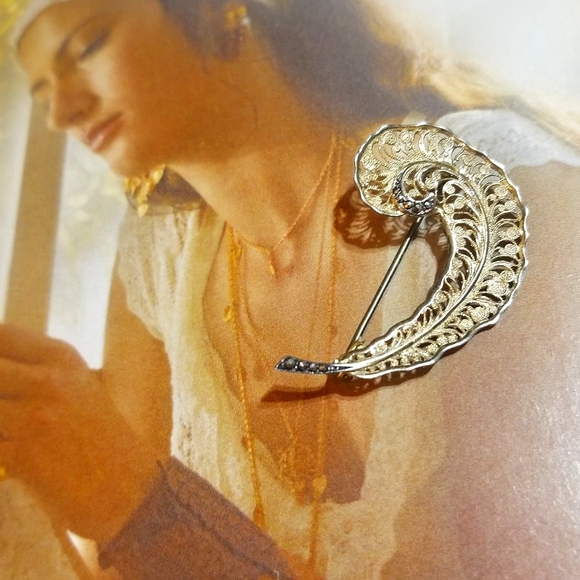 Antique Jewelry - Art Deco Cannetille 800 Sterling Marcasite Feather Brooch